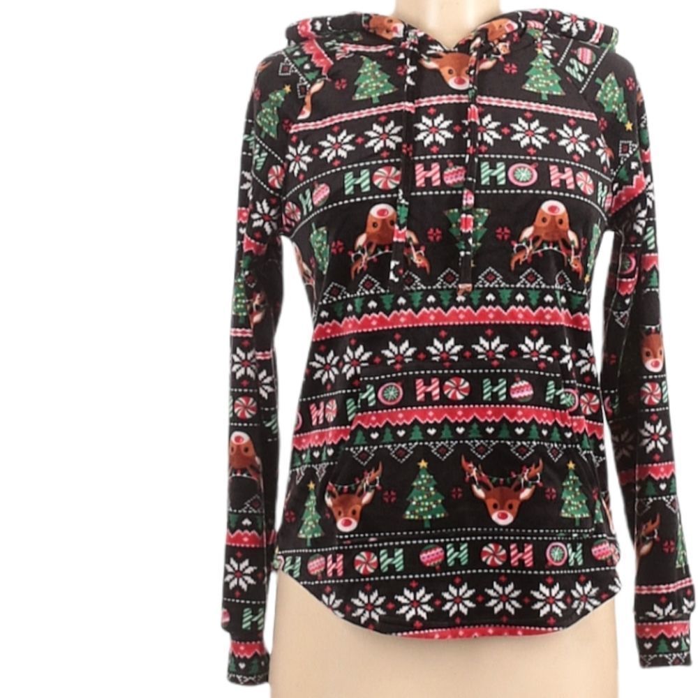 Womens Juniors Christmas Print Plush Pullover Long Sleeve Hoodie In A Med 7-9